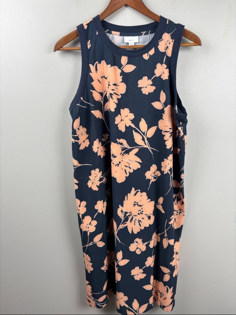 J. Jill Fit Navy sleeveless dress with Peach Floral Accents Medium resort beach